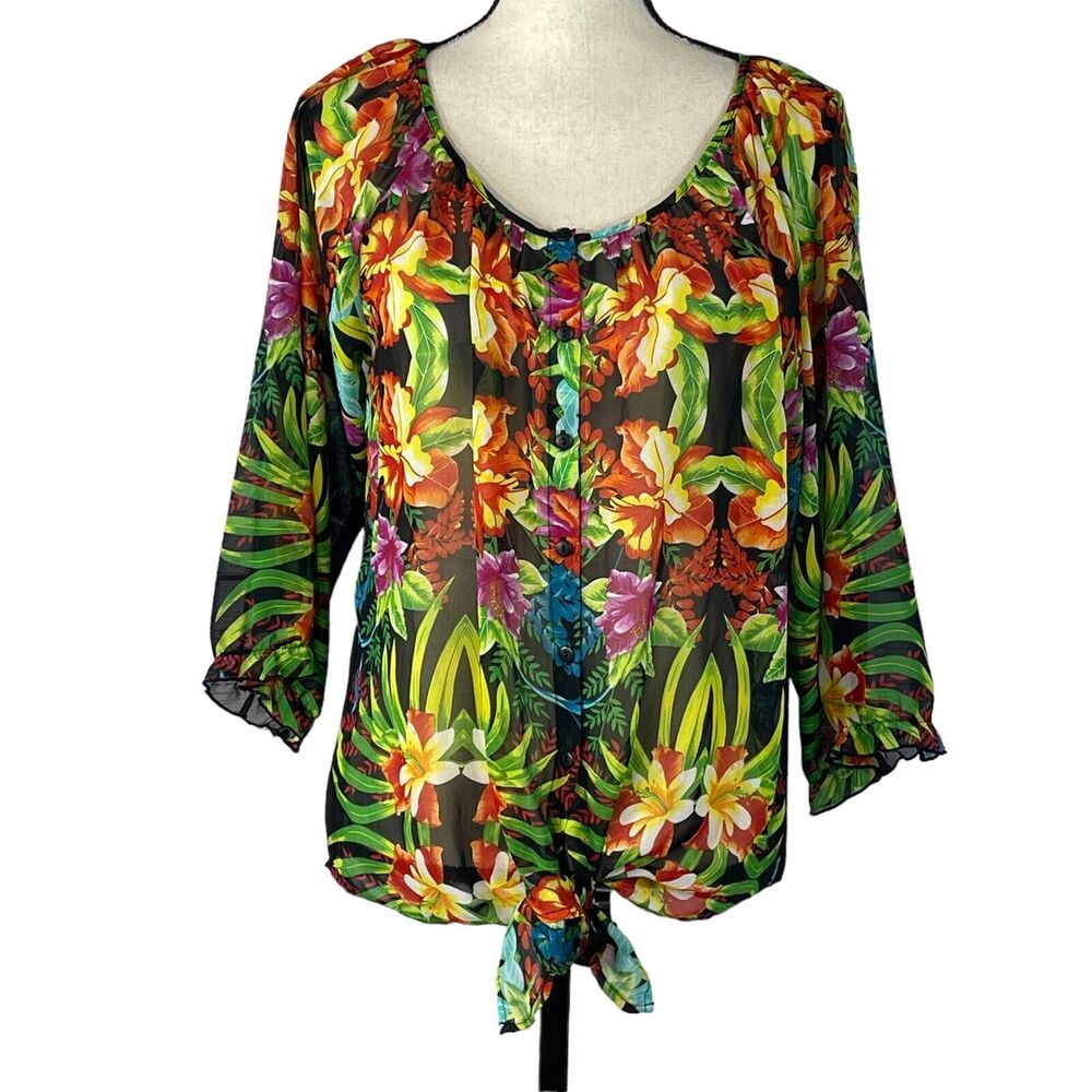 Roz & Ali Medium Top Floral 3/4 Balloon Sleeves Button-Up Sheer Tie-Front Multi